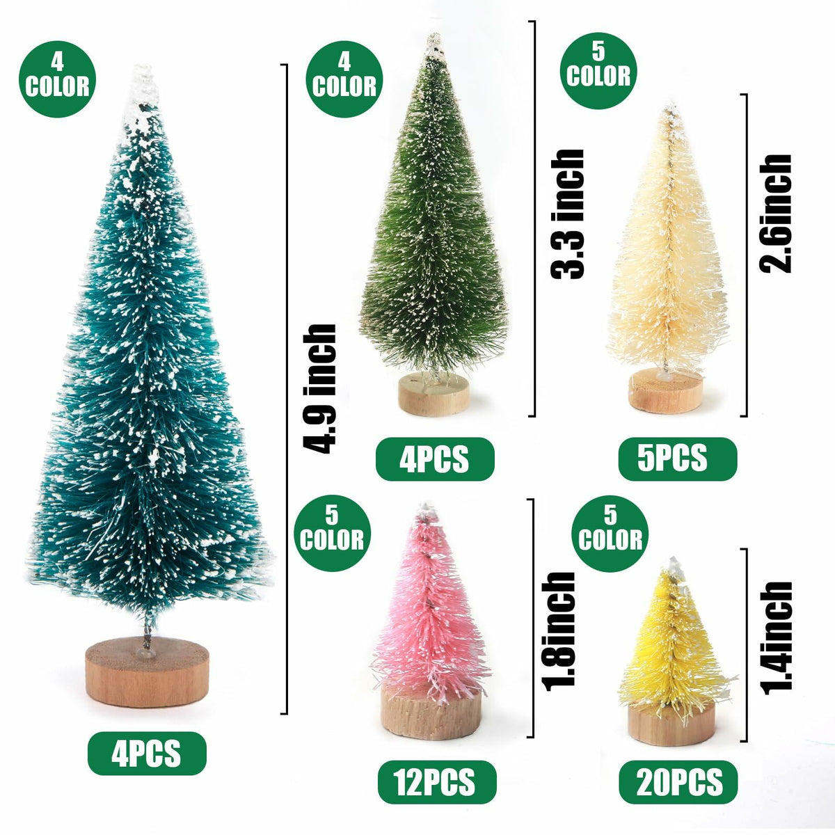 DomeStar 45PCS Mini Christmas Sisal Trees Colorful Frosted with Wood Base
