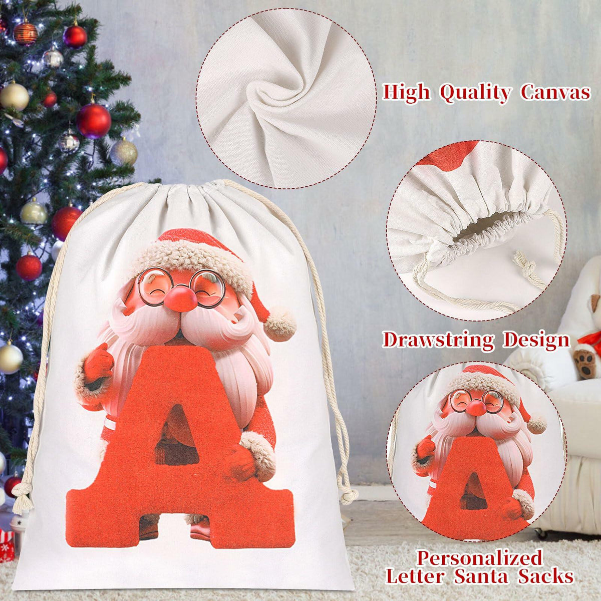 CCINEE Canvas Santa Sack 27x20in Red Drawstring Personalized Letter A