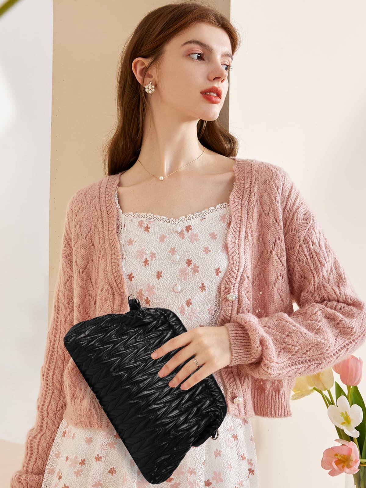 Homsunyi Women's Pleated Quilted PU Clutch Bag Evening Handbag