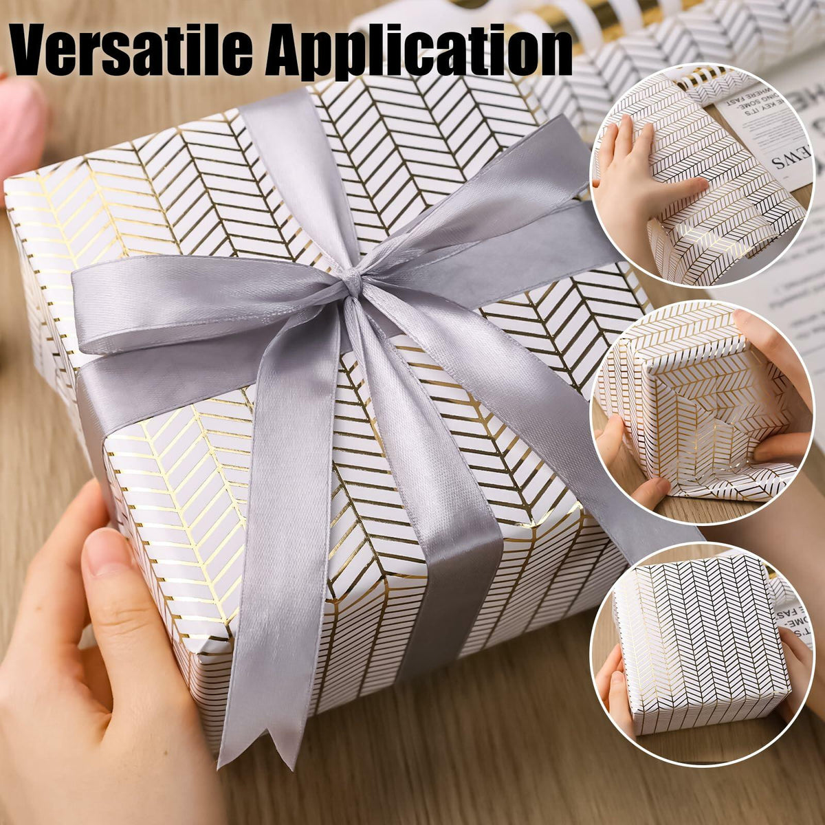 Koogel Wrapping Paper Roll 3 PCS Gold White 17x120 Inch Party Wedding