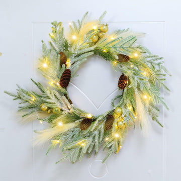Chuangdi 24" Lighted Norfolk Pine Pampas Christmas Wreath with Pine Cones
