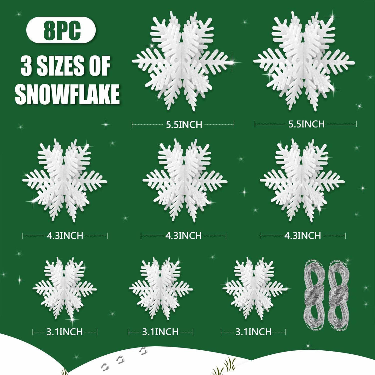 8 PCS 3D Glitter Snowflake Decorations White Christmas Tabletop Decor
