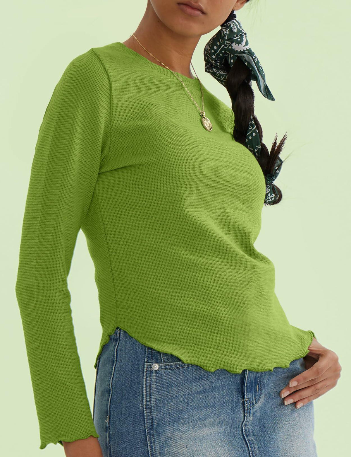 CHERFLY Women's Slim Fit Long Sleeve Tunic Top Salted Lime Green Size M