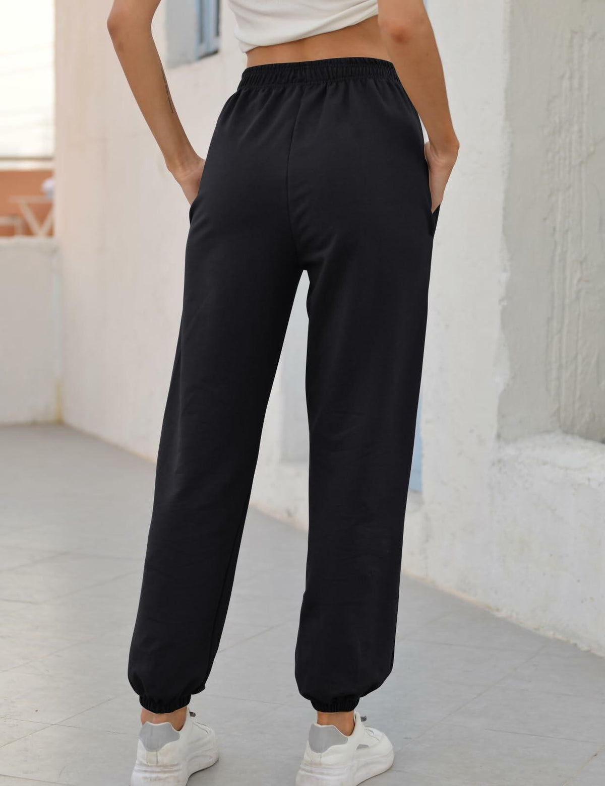 Vemubapis Women High Waisted Drawstring Sweatpants Jogger Black Size S