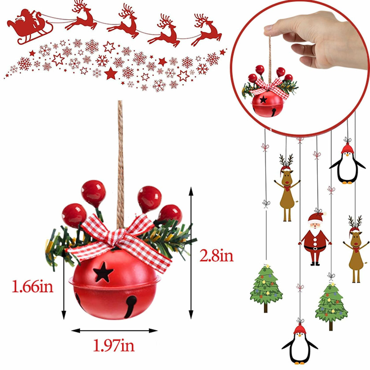 [Like New] 18 PCS Christmas Jingle Bells Ornaments Red White Green Tree Pendant Decor