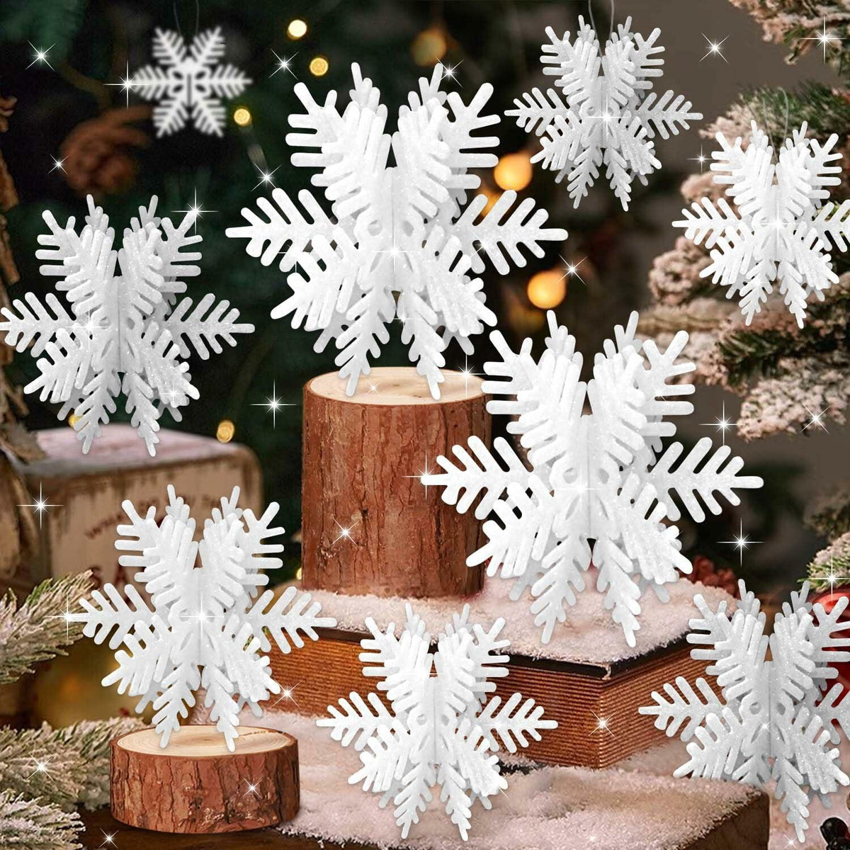 8 PCS 3D Glitter Snowflake Decorations White Christmas Tabletop Decor