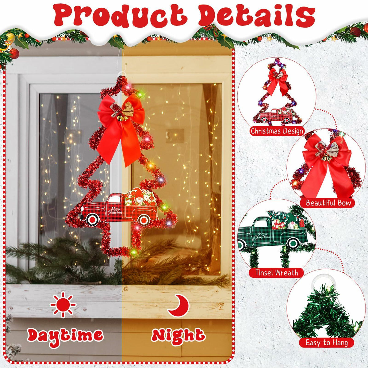 Liliful 2 Pcs LED Christmas Tree Lights with Red Green Tinsel Xmas Decor