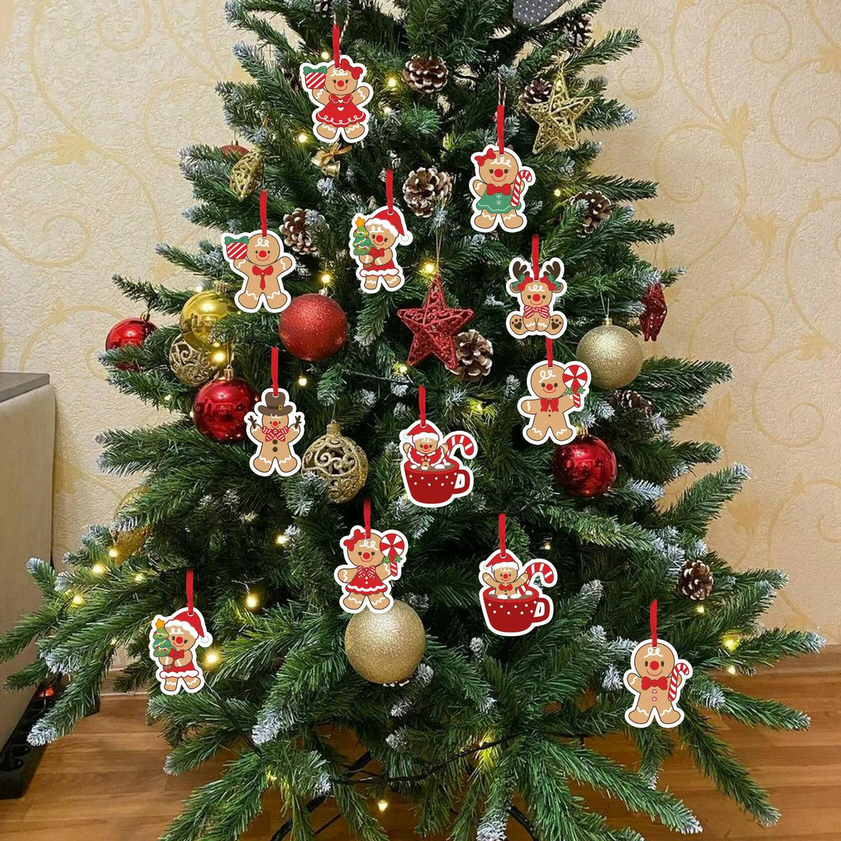 12Pcs Gingerbread Man Christmas Ornaments Tree Decorations with Ropes