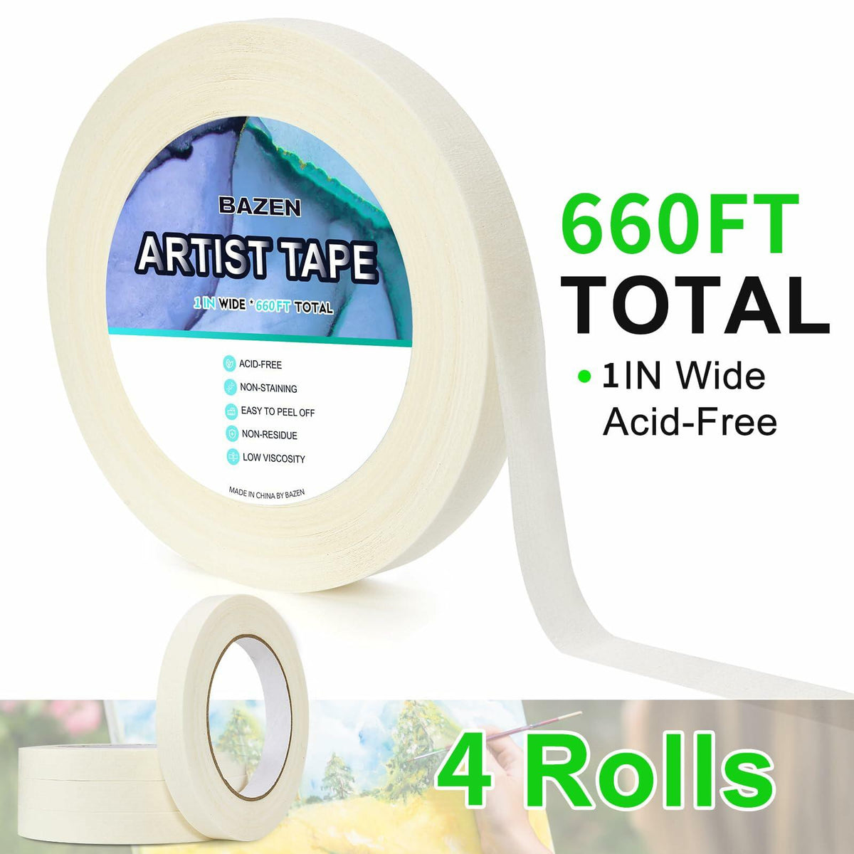 Bazen Artist Tape 4 Pack 1in x 660ft White Acid-Free Masking Tape