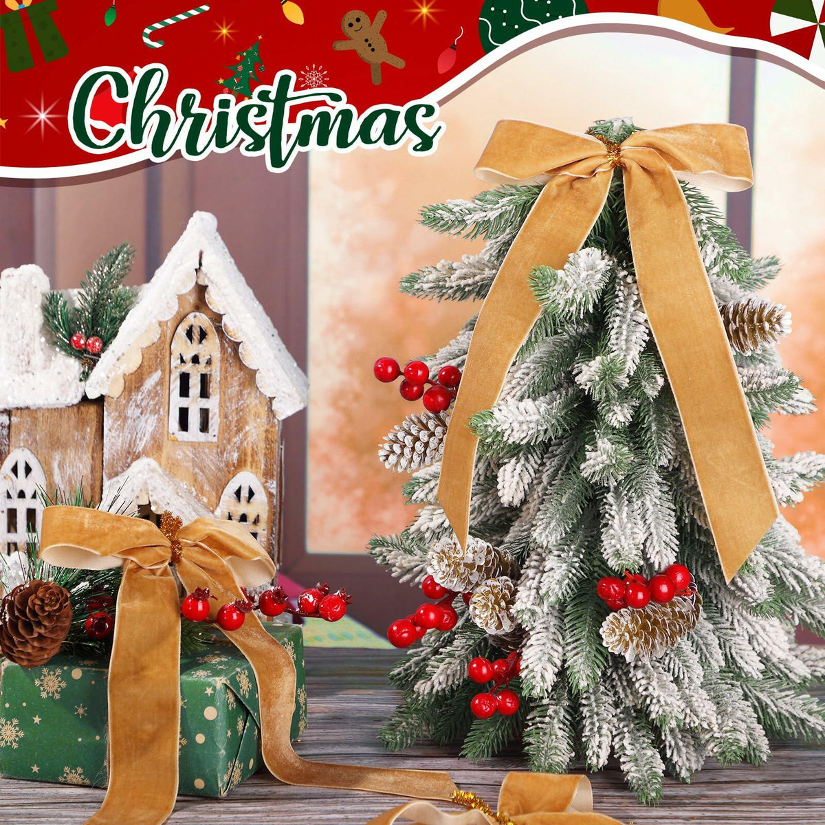Riceshoot 30 Pcs Velvet Christmas Bow Khaki 6.3x11 Inch Rustic Decor