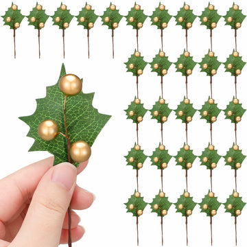 Thiccywoov 30 Pack Artificial Holly Berry Picks Gold Christmas Decoration