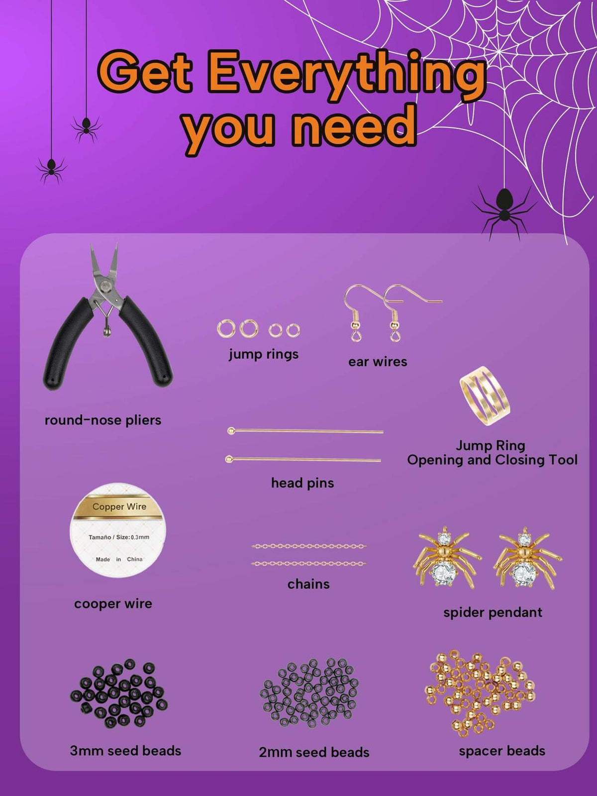DoDoBeads Halloween Earring Making Kit Spider CZ Pendant Gold Beads
