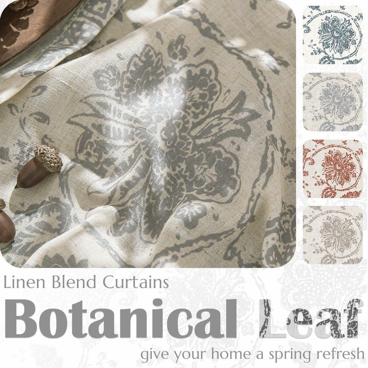 [Like_new] jinchan Linen Curtains Gray Floral Paisley 63in Length 2 Panels