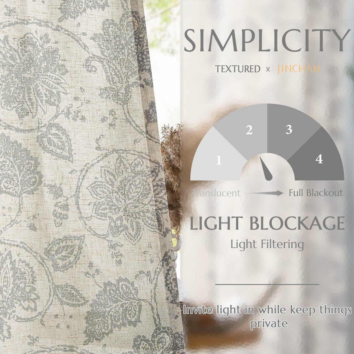[Like_new] jinchan Linen Curtains Gray Floral Paisley 63in Length 2 Panels