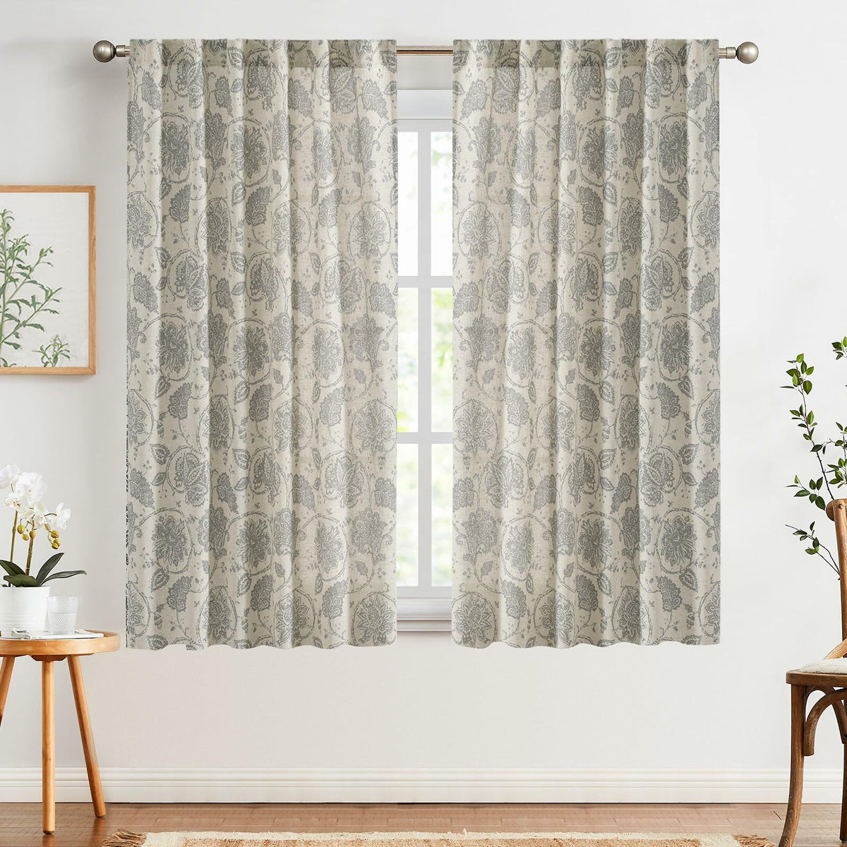 [Like_new] jinchan Linen Curtains Gray Floral Paisley 63in Length 2 Panels