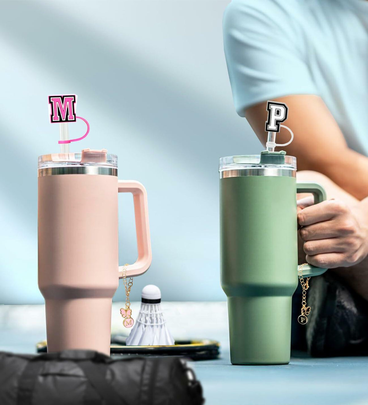 Nuozme Straw Cover Caps 6pcs w/ Initial Butterfly Charms for Stanley 30/40oz
