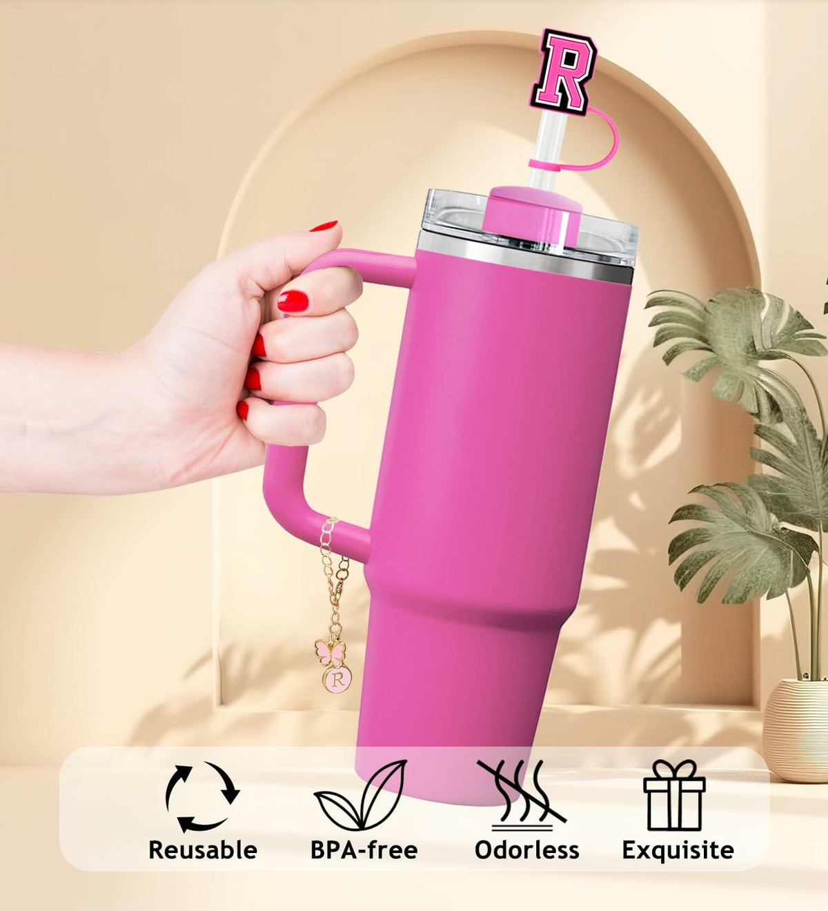 Nuozme Straw Cover Caps 6pcs w/ Initial Butterfly Charms for Stanley 30/40oz