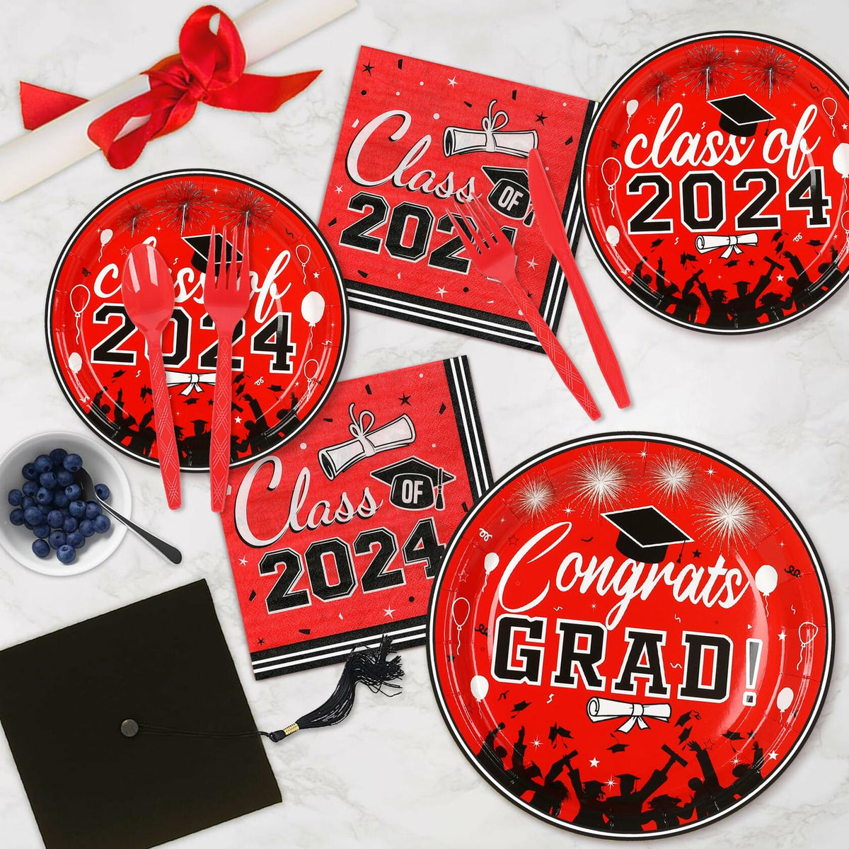 LELEMON Graduation Party Supplies Red Tableware Set Serves 25 Disposable