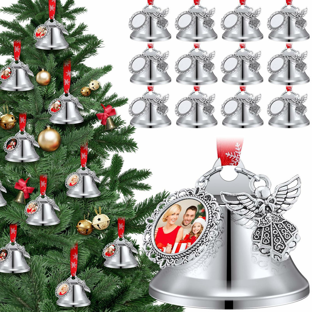 Syhood 16pcs Christmas Sublimation Bell Ornaments Red Metal Angel Frame