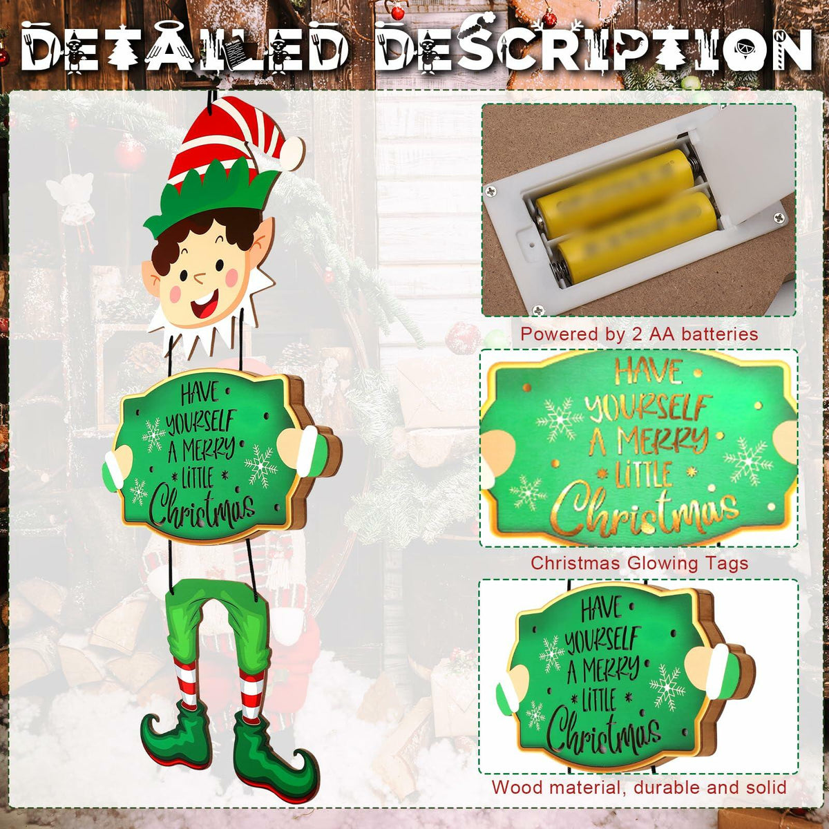 Elf Boys Hanging Sign with Lights Wooden Christmas Decor Indoor Outdoor