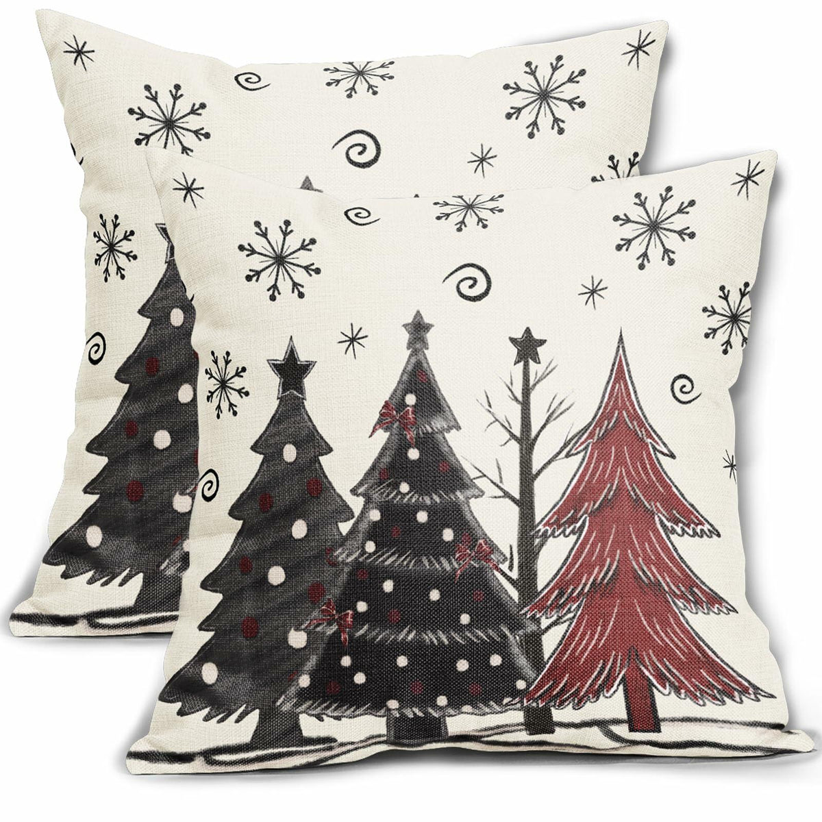 Christmas Pillow Covers Set of 2 18x18 Black Red Grey Xmas Tree Snowflakes