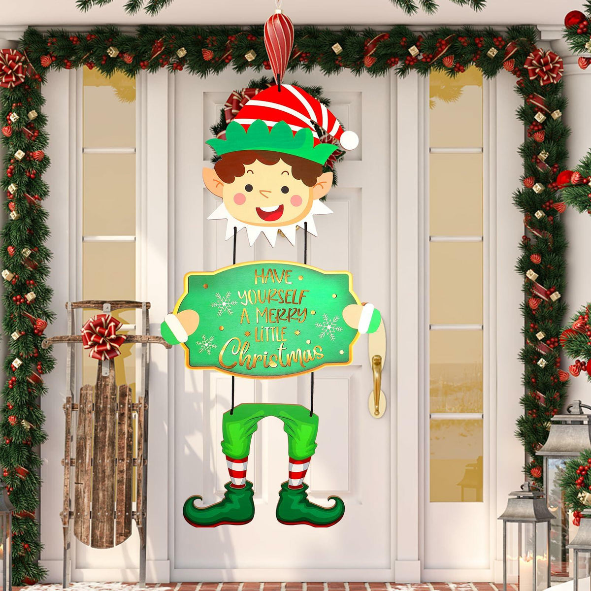 Elf Boys Hanging Sign with Lights Wooden Christmas Decor Indoor Outdoor