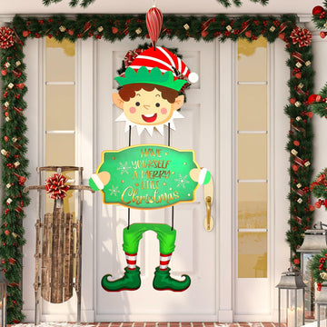 Elf Boys Hanging Sign with Lights Wooden Christmas Decor Indoor Outdoor
