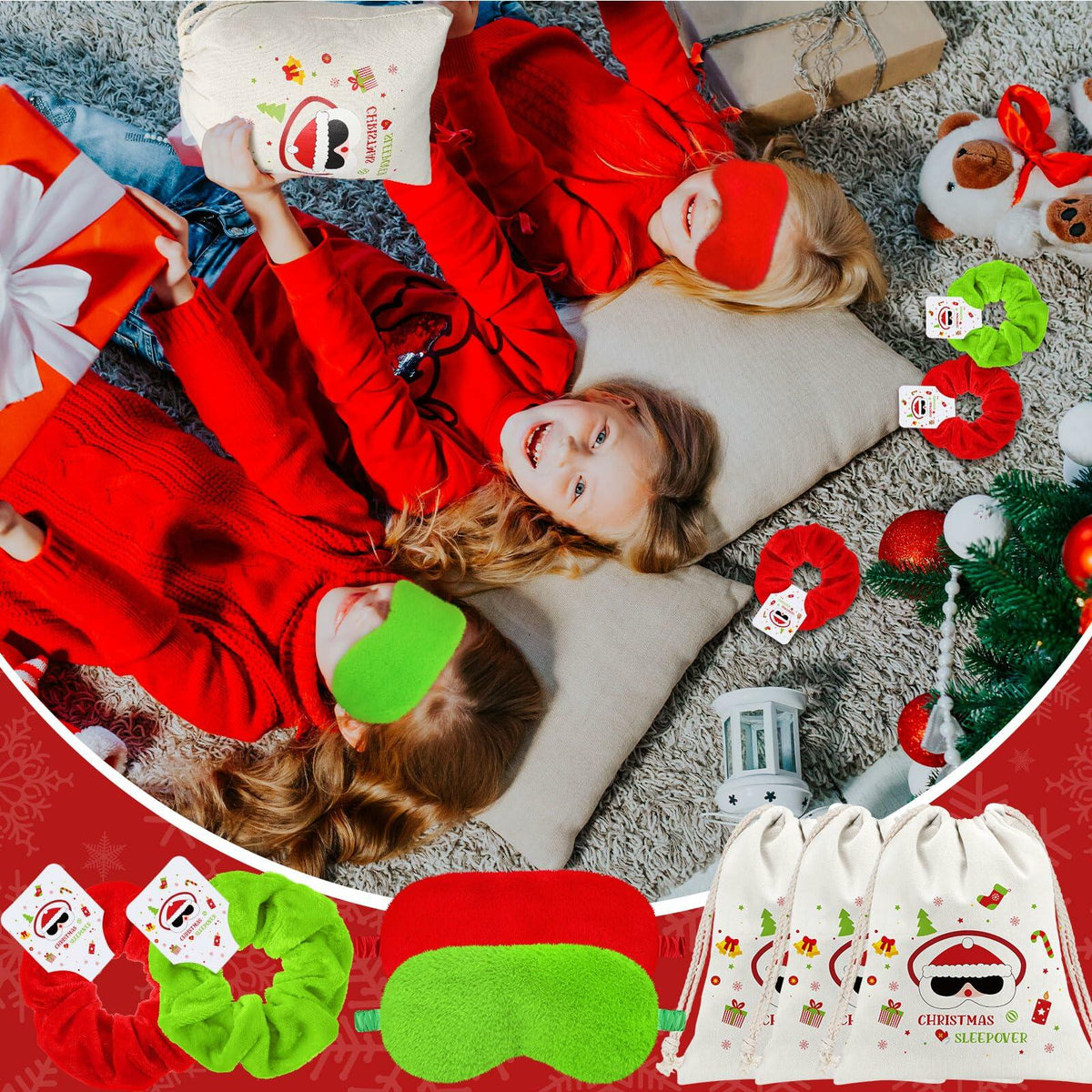 Bunnycool Christmas Hair Scrunchies & Sleep Eye Mask Set 24 Pcs