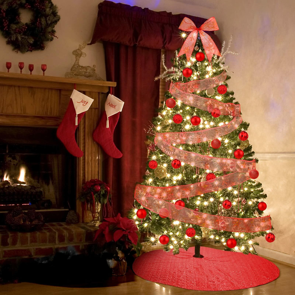 Suilung 22 Pcs Christmas Tree Skirt 46" Red Sequins Ribbon & 20 Ornaments Set