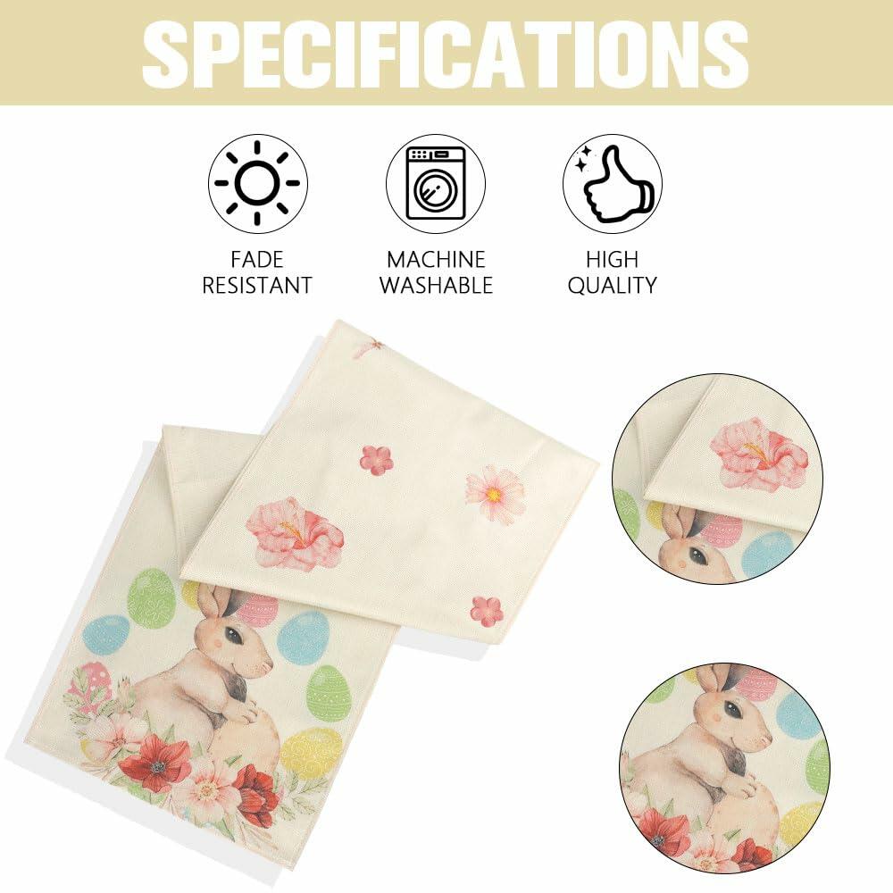 QIHOMPIB Easter Table Runner 13x72 Inch Pastel Rabbit Eggs Polyester