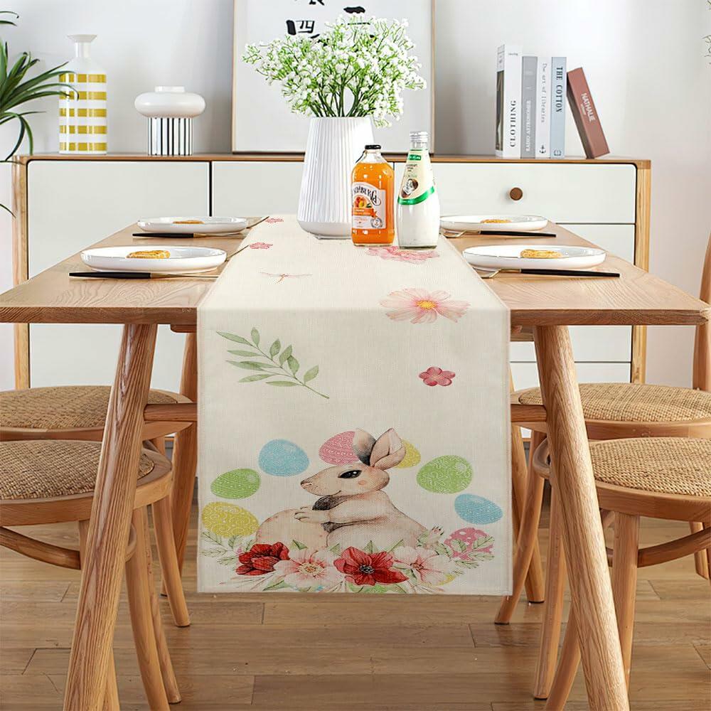 QIHOMPIB Easter Table Runner 13x72 Inch Pastel Rabbit Eggs Polyester