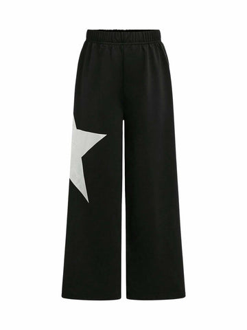 RoseSeek Girl's Wide Leg Star Print Sweatpants High Waist Black Size 12Y