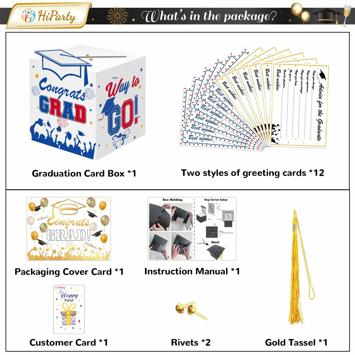 Premium Graduation Card Box Holder with 12 Cards and Tassel, Classic Design