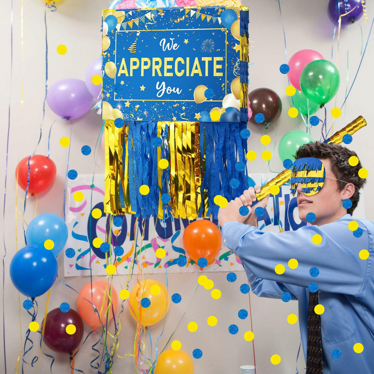 [Like New] Poen We Appreciate You Piñata with Stick Blindfold Blue Gold Confetti 16x12 Inch