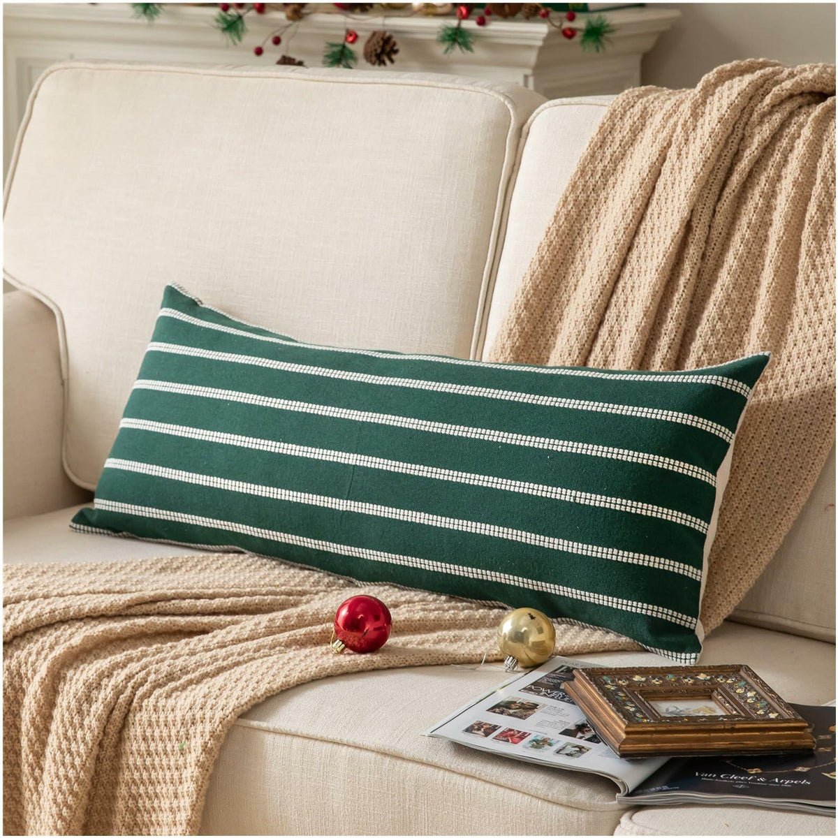 Boho Lumbar Throw Pillow Cover 14x36 Dark Green Striped Pack of 1