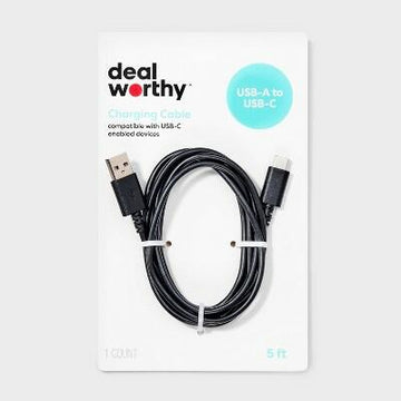dealworthy USB-A to USB-C Cable Black 5ft AC Adapter