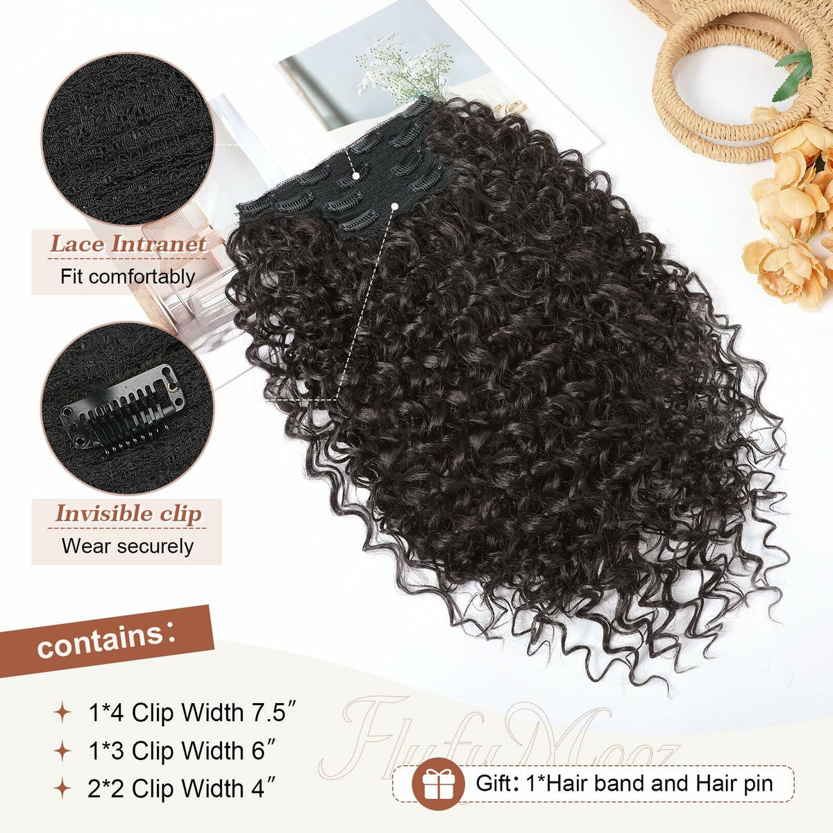 [Like New] FLUFYMOOZ 4PC 100% Protein Silk Hair Extensions 20in Curly Dark Chocolate Brown