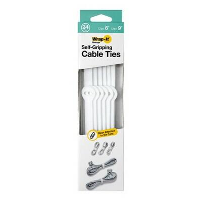Wrap-It Cable Ties 6" & 9" White 24pk Self-Gripping Cable Management