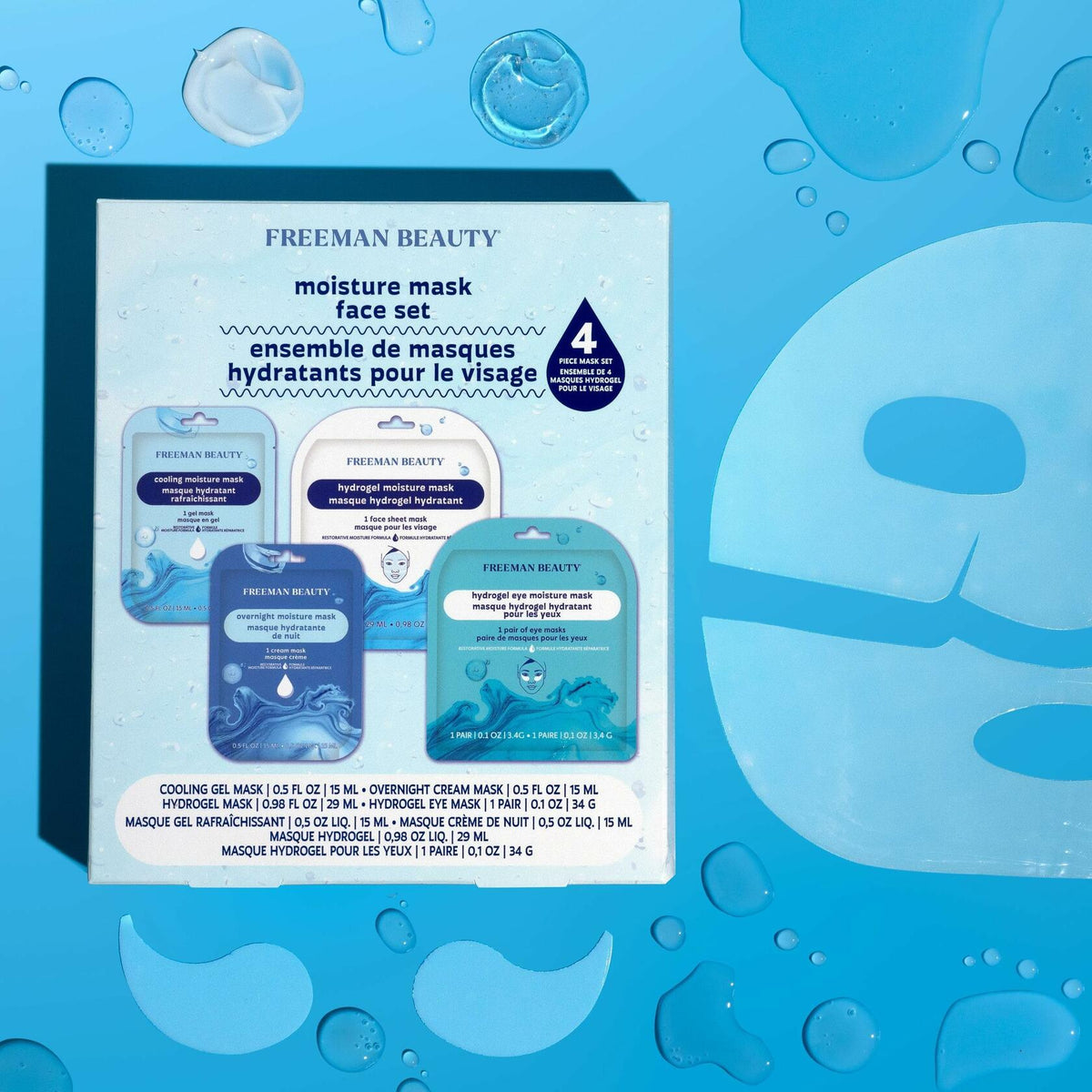 Freeman 4 Piece Moisture Mask Set Hydrating Face & Under Eye Hydrogel Vegan