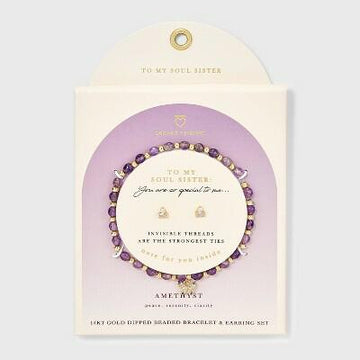 Butterfly Charm Beaded Bracelet & Stud Earrings Set 2pc Amethyst