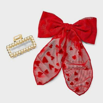 A New Day™ Pearl Hair Claw Clip Heart Bow Set 2pc Red Gold