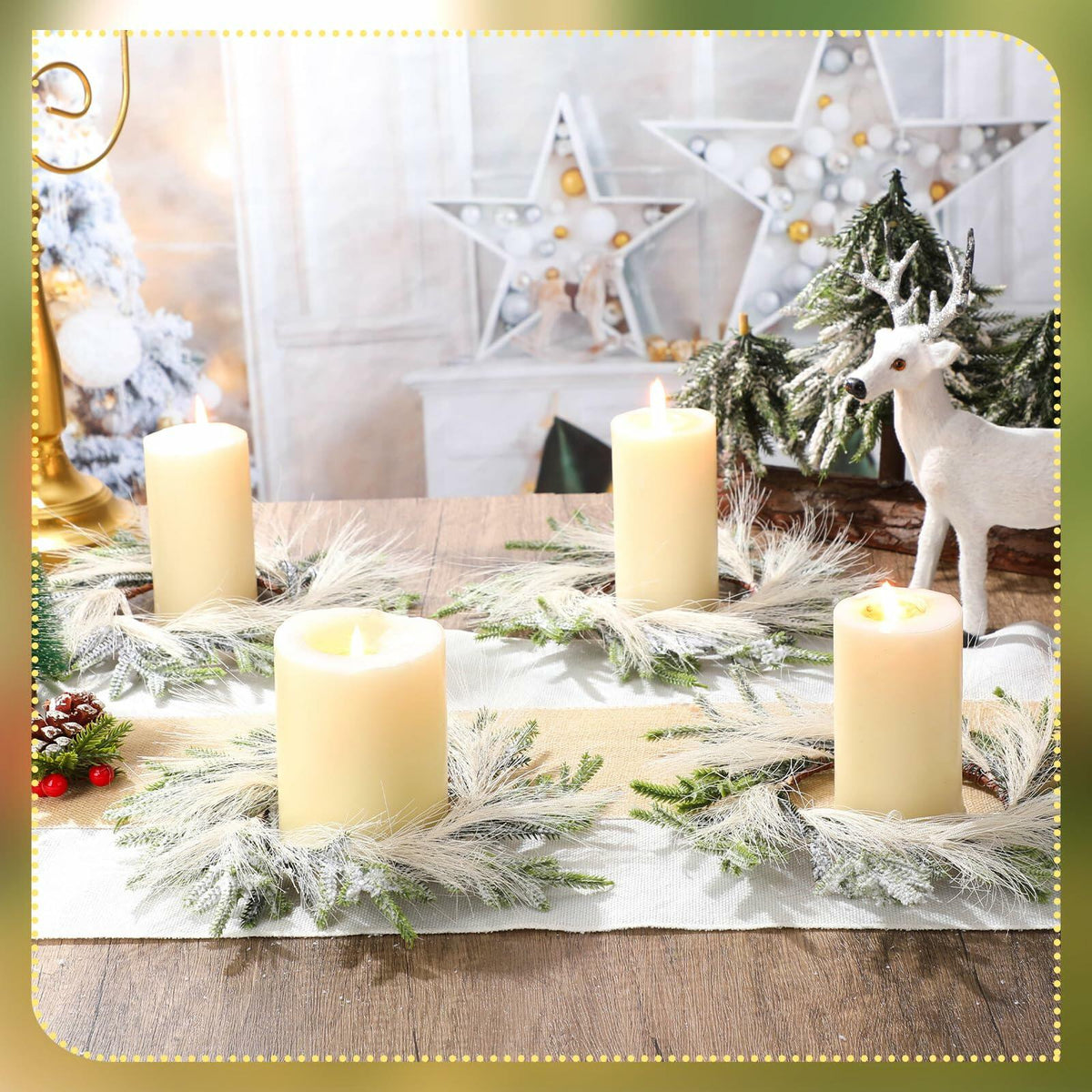 Daifunli 4 Pcs Wedding Candle Rings Pine Pampas Wreaths Small Christmas Decor