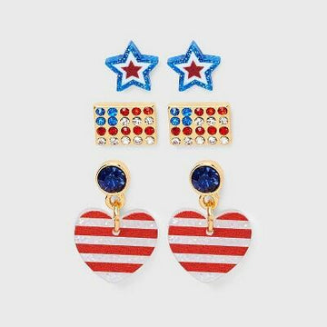 Americana Star Flag Heart Stud Hoop Earring Set 3pc Red White Blue