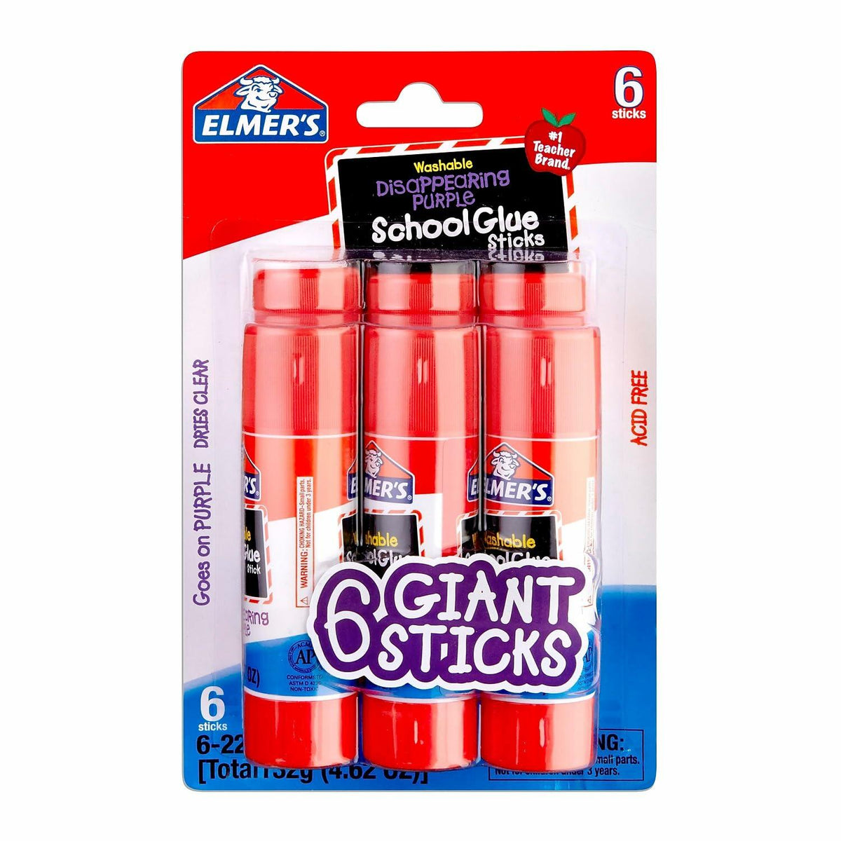 Elmer's Washable Disappearing Purple School Glue 6 Giant Sticks Pack