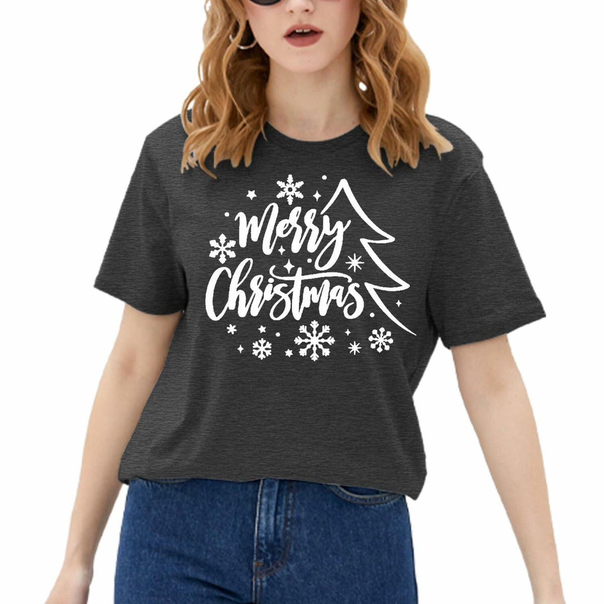 PQZ Christmas Tree Tee Shirt Women Loose Casual Top Grey1 Size M