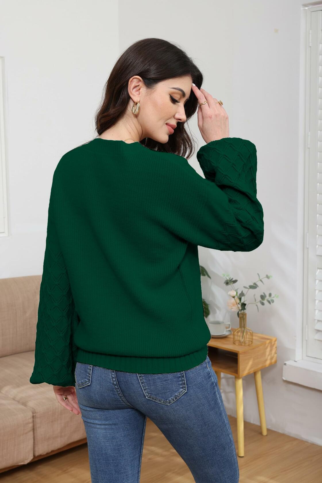 LISILONG Women's Long Sleeve Pullover Sweater Chunky Knit Green L