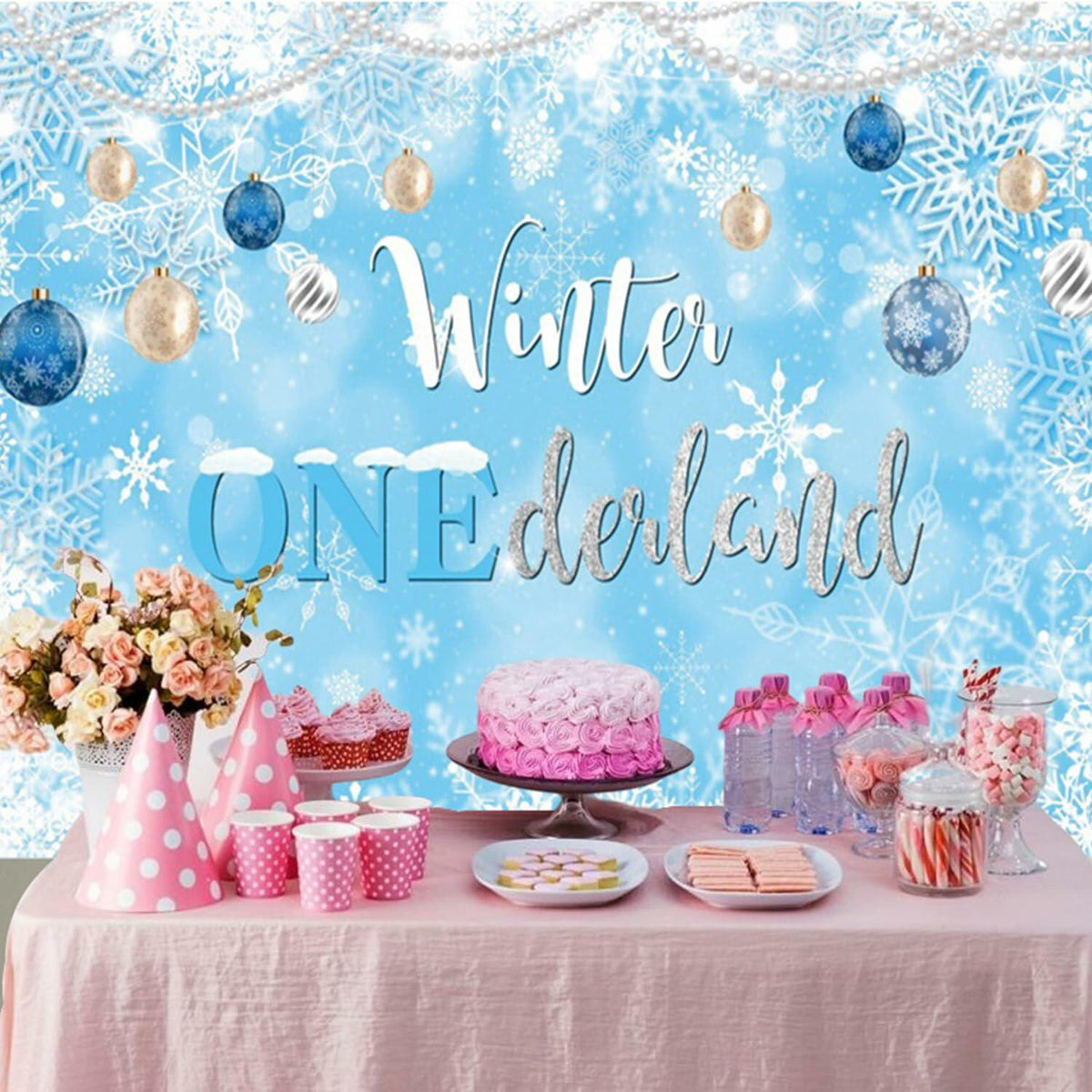 Winter Onederland Birthday Banner Snowflake Blue 70.9x43.3 Inch