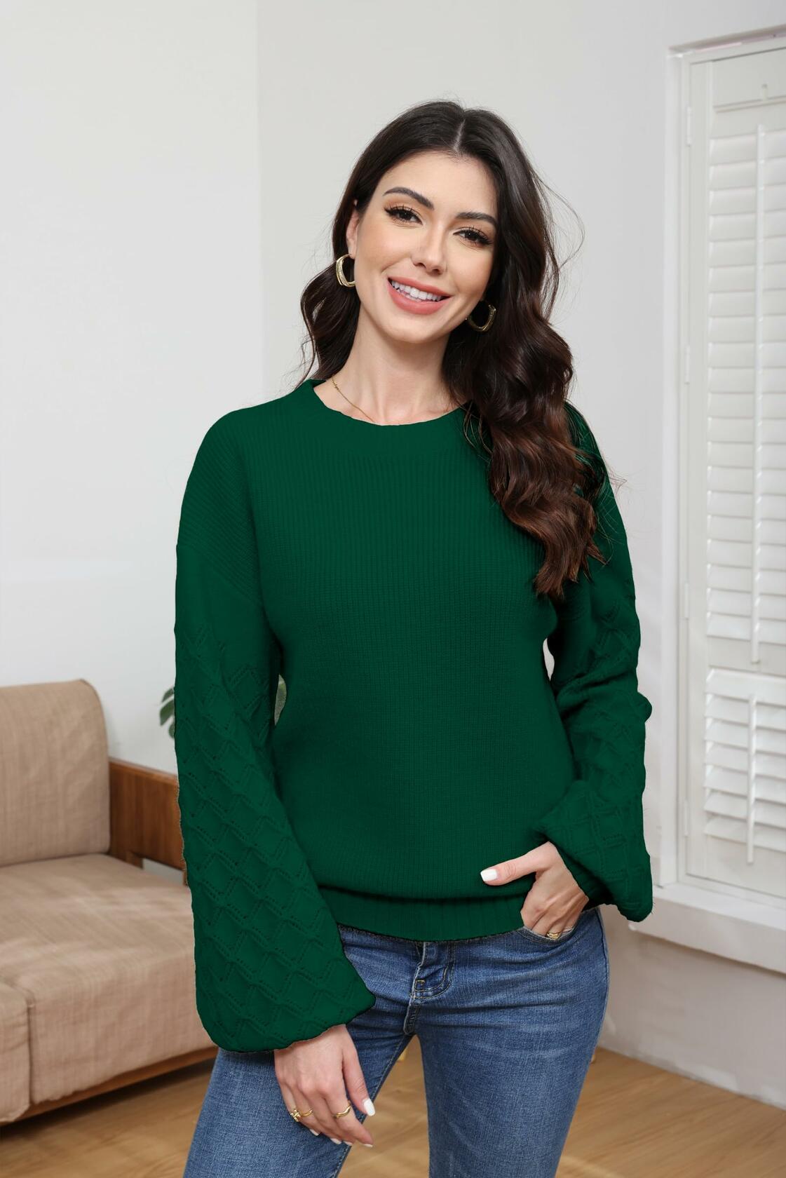 LISILONG Women's Long Sleeve Pullover Sweater Chunky Knit Green L