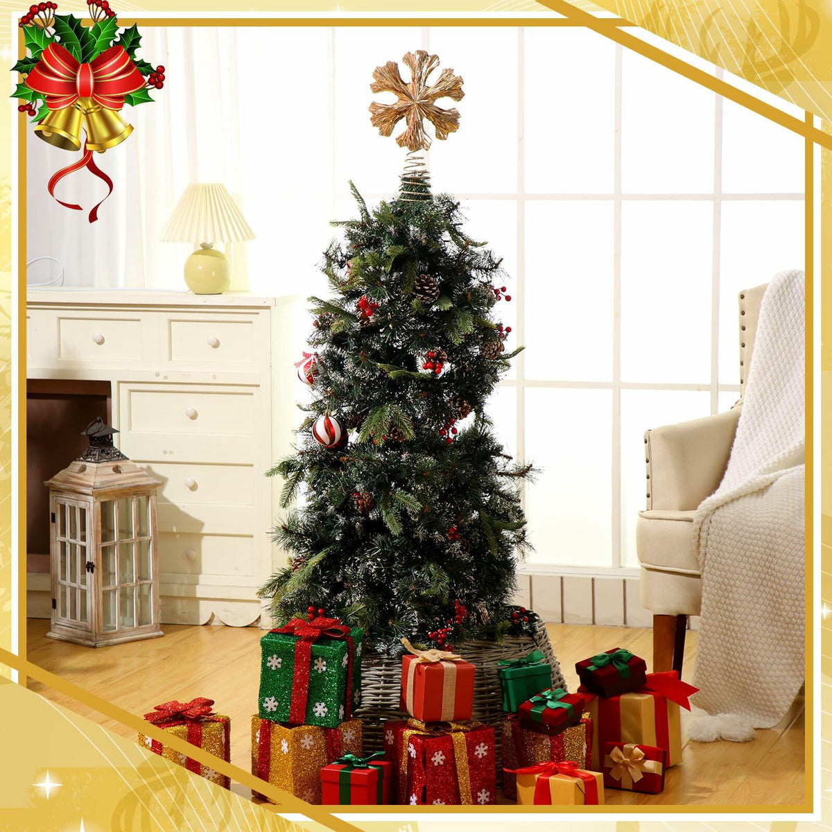 Cinnvoice Snowflake Christmas Tree Topper 11" Champagne Gold Glitter