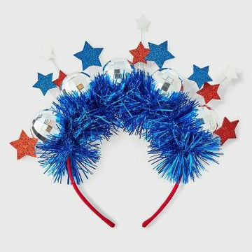 Americana Star Disco Ball Tinsel Headband Red White Blue
